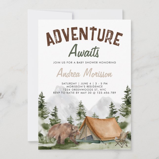 Adventure Awaits Mountain Forest Bear Baby Shower Invitation (Front)