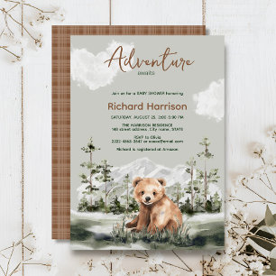 Adventure awaits mountain forest bear baby shower invitation