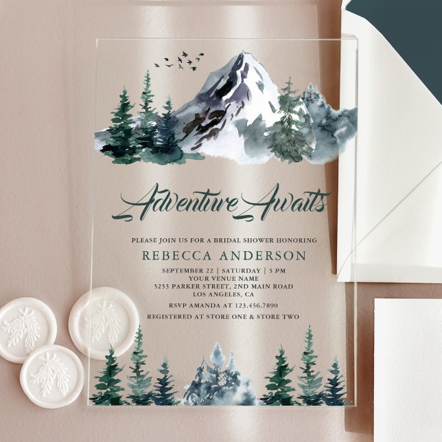 Adventure Awaits Mountain Forest Bridal Shower Acrylic Invitations (Creator Uploaded)