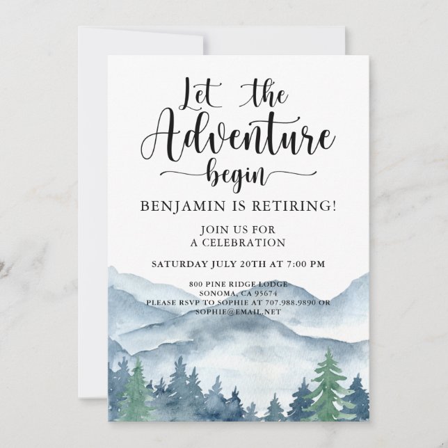 Adventure Awaits Mountain Forest Retirement Party Invitation (Front)
