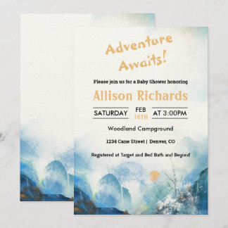 Adventure awaits mountain landscape baby shower invitation