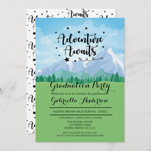 Adventure Awaits Mountain Scene Graduation Party Invitation (Front/Back)