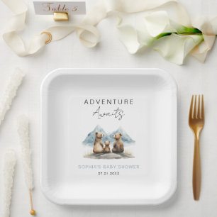 Adventure Awaits Mountains Baby Shower Party Paper Plate