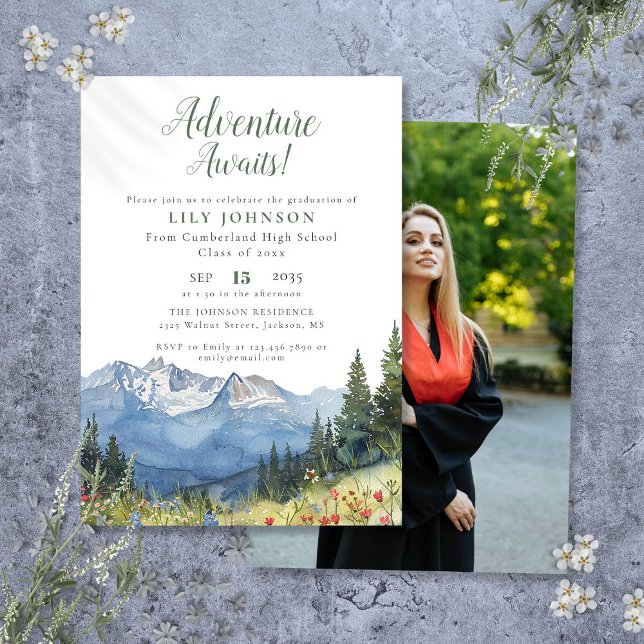 Adventure Awaits Mountains Graduation Party Photo Invitation (Adventure Awaits Mountains Graduation Party Photo Invitation)