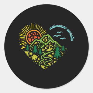 Adventure Awaits Mountains Sun Camping Hiking Wome Classic Round Sticker