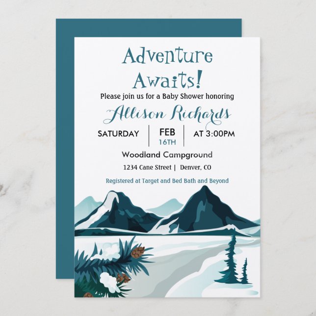Adventure awaits mountains travel baby shower   in invitation (Front/Back)