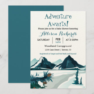 Adventure awaits mountains travel baby shower in invitation