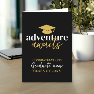 Adventure Awaits - Name Cap Black Gold Graduation Card