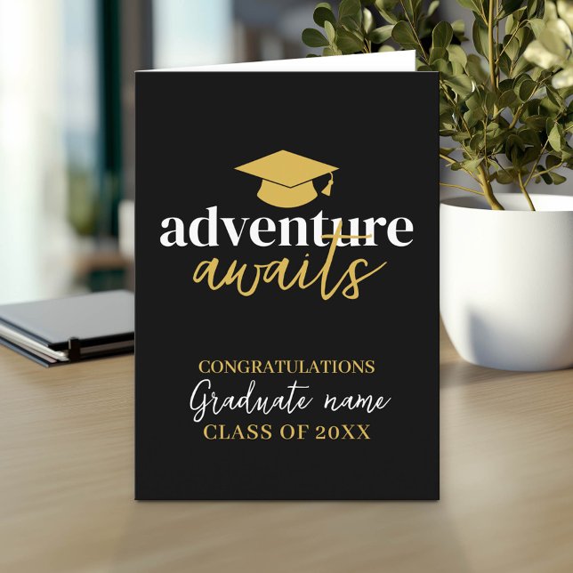 Adventure Awaits - Name Cap Black Gold Graduation Card (Custom Graduation Greeting Card - Add the Graduate's Name)