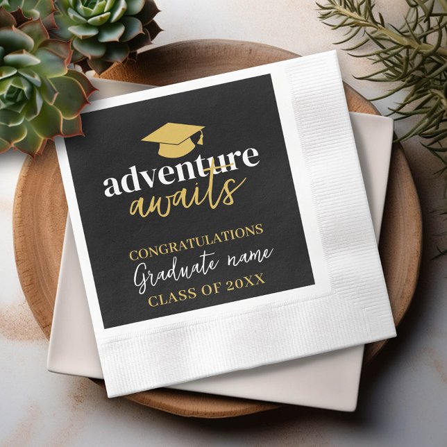 Adventure Awaits - Name Cap Black Gold Graduation Napkin (Custom Graduation Party Napkin - Modern Black and Gold Design with Grad's Name)