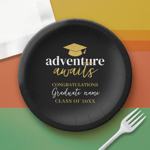 Adventure Awaits - Name Cap Black Gold Graduation Paper Plate