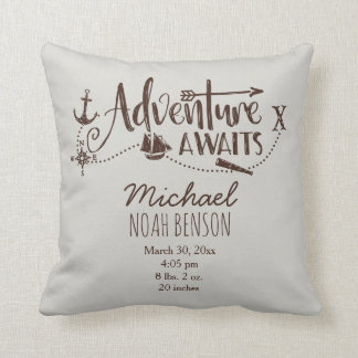 "Adventure Awaits" Nautical Birth Stats Cushion