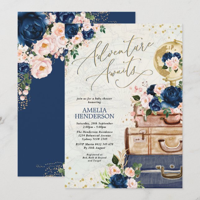 Adventure Awaits Navy Blush Travel Baby Shower Invitation (Front/Back)