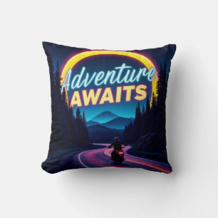 Adventure Awaits Neon Motorcycle Throw Pillow