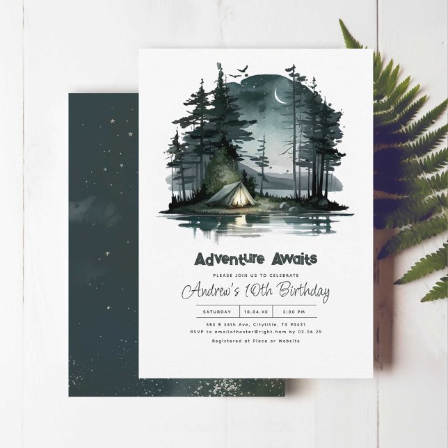 Adventure Awaits Night Sky Nature Birthday Party Invitation (Adventure Awaits! Camping Birthday Invitations With Night Campsite Scene)