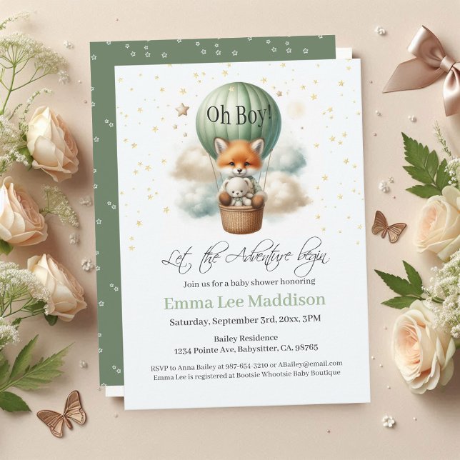 Adventure Awaits Oh Boy Fox in Hot Air Balloon Invitation (Creator Uploaded)