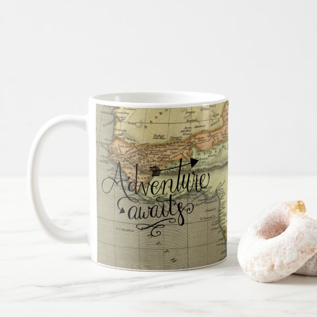 Adventure Awaits Old World Map Coffee Mug (With Donut)