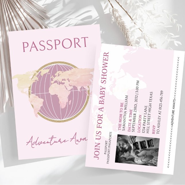 Adventure Awaits Passport Girl Baby Shower Travel Invitation (Creator Uploaded)