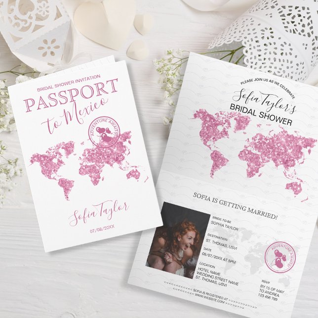 Adventure Awaits Passport Map Travel Bridal Shower Invitation (pink glitter world map passport bridal shower)