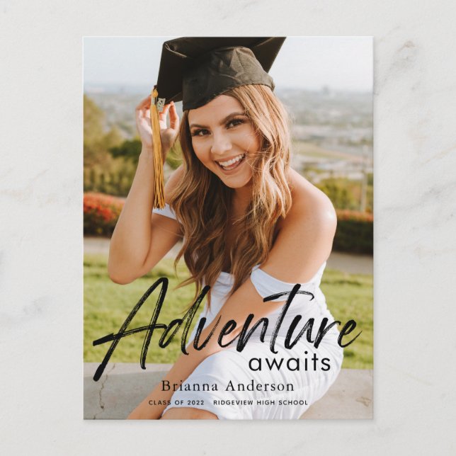 Adventure Awaits Photo Graduation Announcement Postcard (Front)
