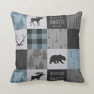 Adventure Awaits Pillow - Blue, Black, grey