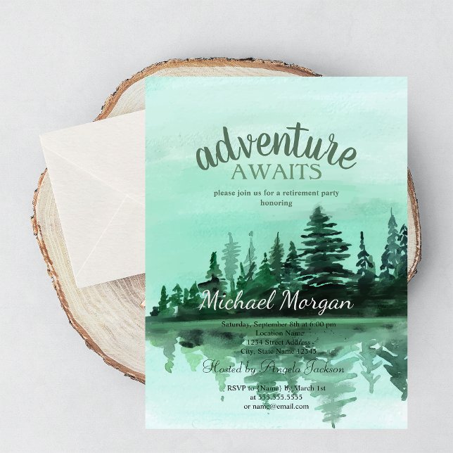 Adventure Awaits Pine Tree Forest Lake Retirement Invitation (Creator Uploaded)