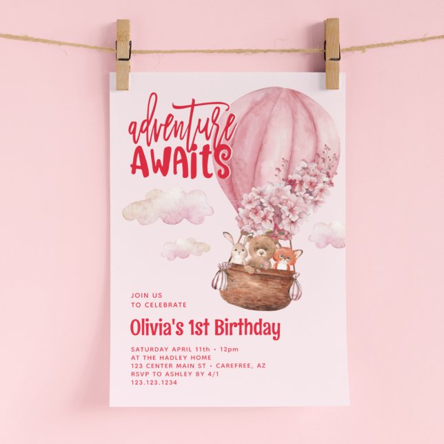 Adventure Awaits Pink and Red 1st Birthday Invitation (Creator Uploaded)