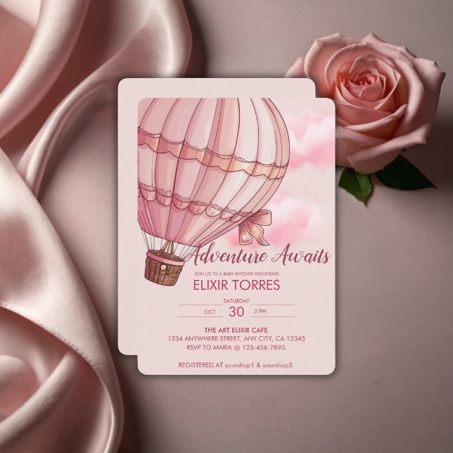 Adventure Awaits Pink Hot Air Balloon Baby Shower Invitation (Creator Uploaded)