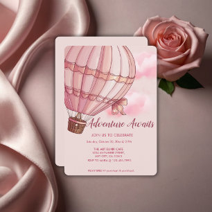 Adventure Awaits Pink Hot Air Balloon Baby Shower Invitation