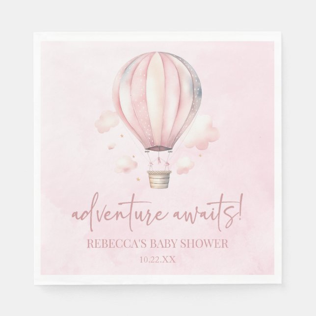 Adventure Awaits! Pink Hot Air Balloon Baby Shower Napkin (Front)