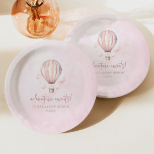 Adventure Awaits! Pink Hot Air Balloon Baby Shower Paper Plate