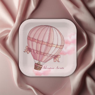 Adventure Awaits Pink Hot Air Balloon Baby Shower Paper Plate