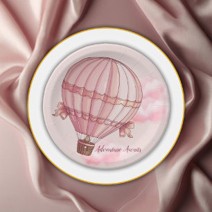 Adventure Awaits Pink Hot Air Balloon Baby Shower Paper Plate