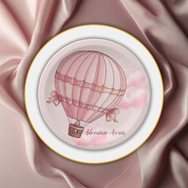 Adventure Awaits Pink Hot Air Balloon Baby Shower Paper Plate (Creator Uploaded)