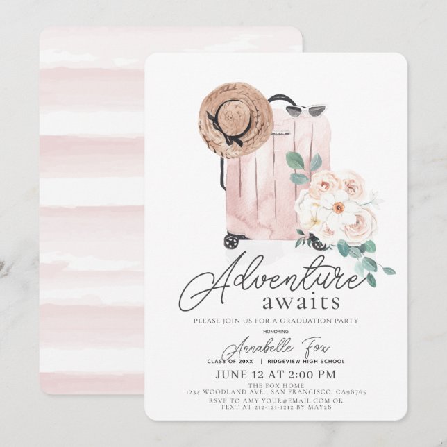Adventure Awaits Pink Suitcase Graduation Invitation (Front/Back)