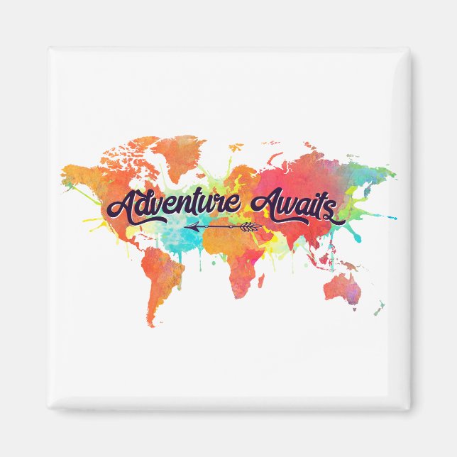Adventure Awaits Quote Vivid Watercolor World Map Magnet (Front)