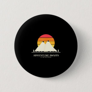 Adventure awaits retro sunset mountain hiking 6 cm round badge