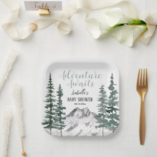 Adventure Awaits Rustic Mountains Baby Shower Paper Plate