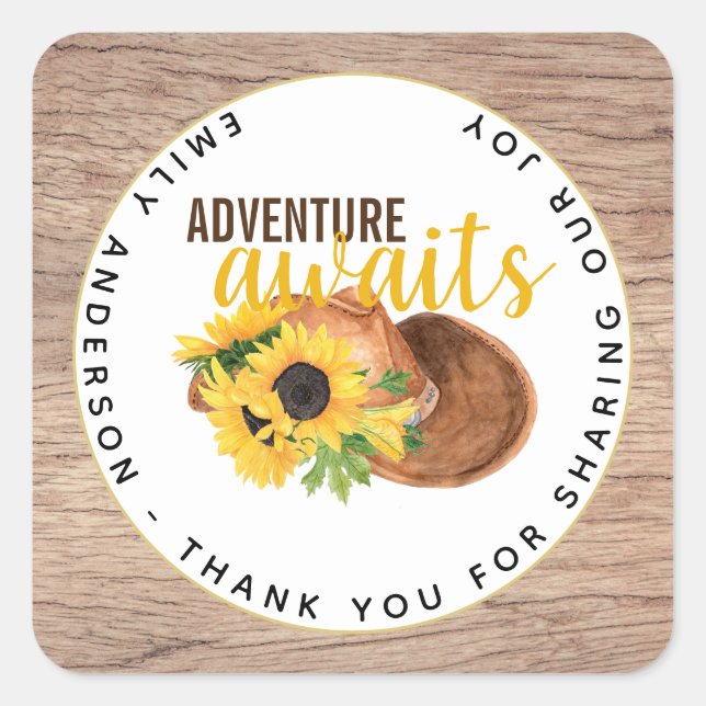 Adventure Awaits Rustic Sunflowers Baby Shower Square Sticker (Front)