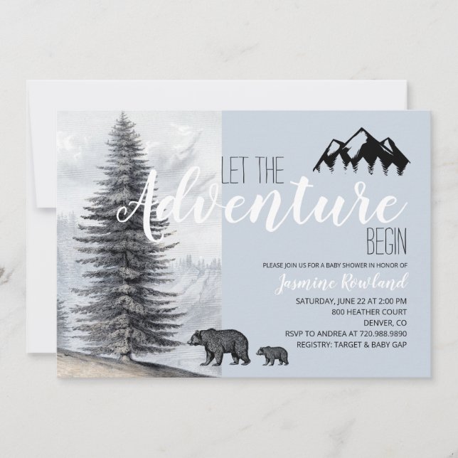 Adventure Awaits Rustic Woodland Bear Baby Shower Invitation (Front)