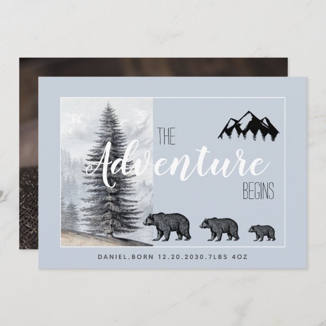 Adventure Awaits Rustic Woodland Bears Birth Announcement (Front/Back)