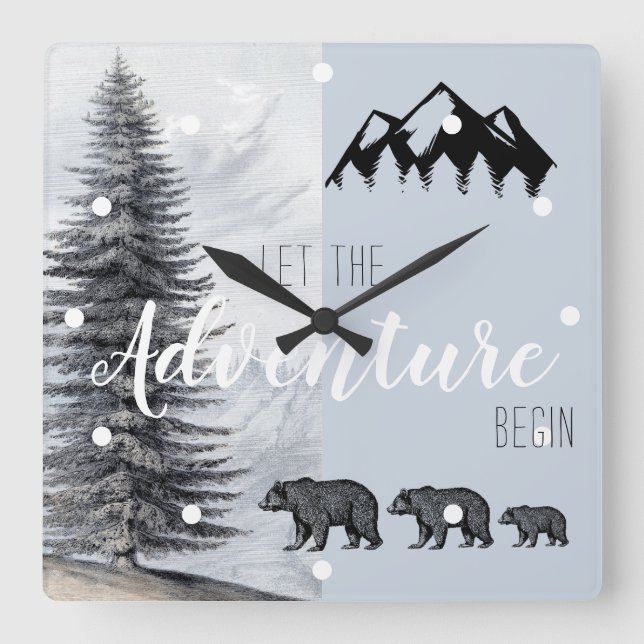 Adventure Awaits Rustic Woodland Bears Nursery Square Wall Clock (Front)