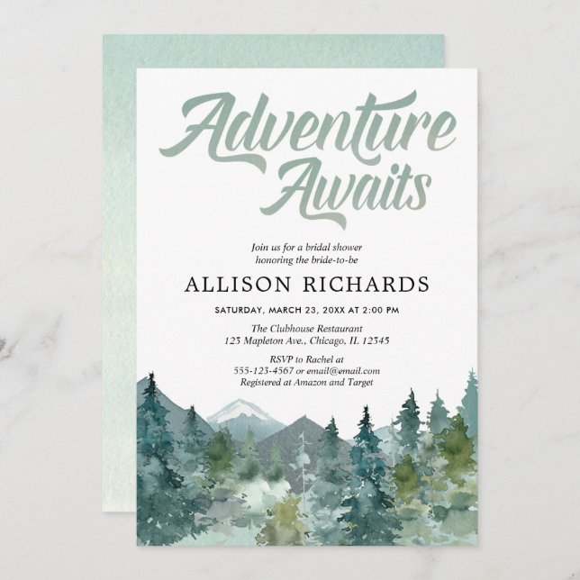 Adventure awaits rustic woodland bridal shower invitation (Front/Back)