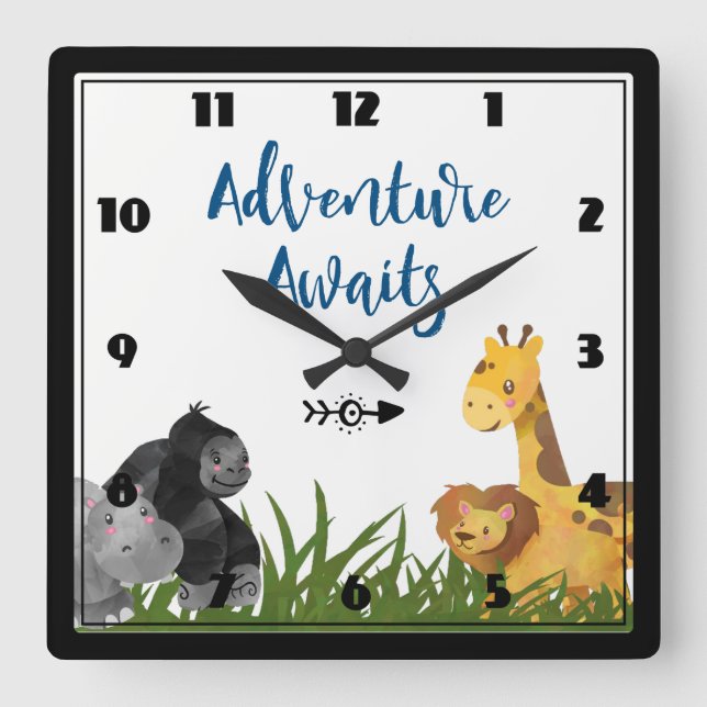 Adventure Awaits Safari Jungle Animals Square Wall Clock (Front)