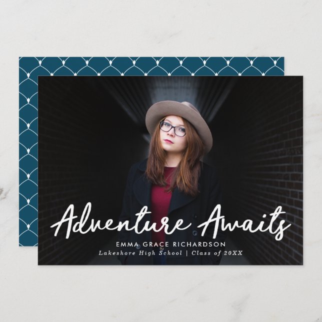 Adventure Awaits Script Navy Blue Photo Graduation Announcement (Front/Back)