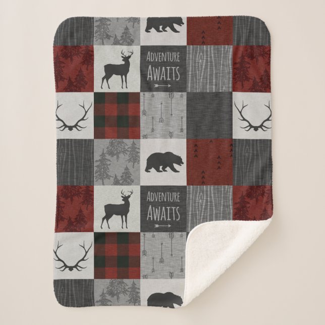 Adventure Awaits Sherpa Blanket - Red/Grey (Front)