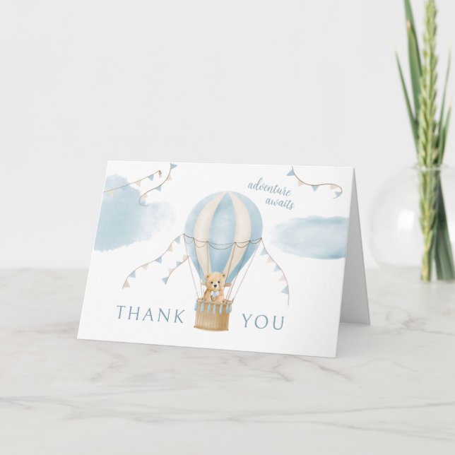 Adventure Awaits Teddy Bear Balloon Baby Shower Thank You Card (Front)