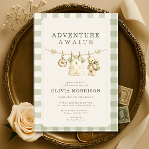 Adventure Awaits Teddy Bear Gingham Baby Shower Invitation