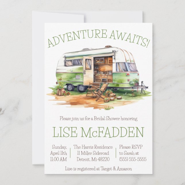 Adventure Awaits! Trailer, Camping, Bridal Shower Invitation (Front)