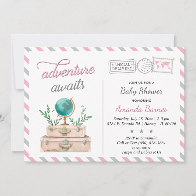Adventure Awaits Travel Baby Girl Shower Pink Grey Invitation (Front)